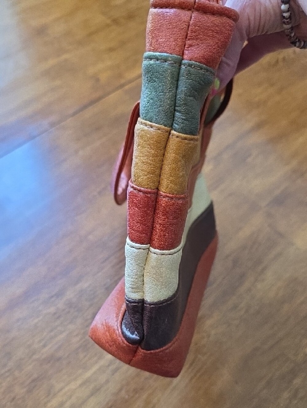 Vintage 1970s Vinyl Striped Multi-Color Tote - Rust, Cream, Green & Brown - Picture 3 of 12